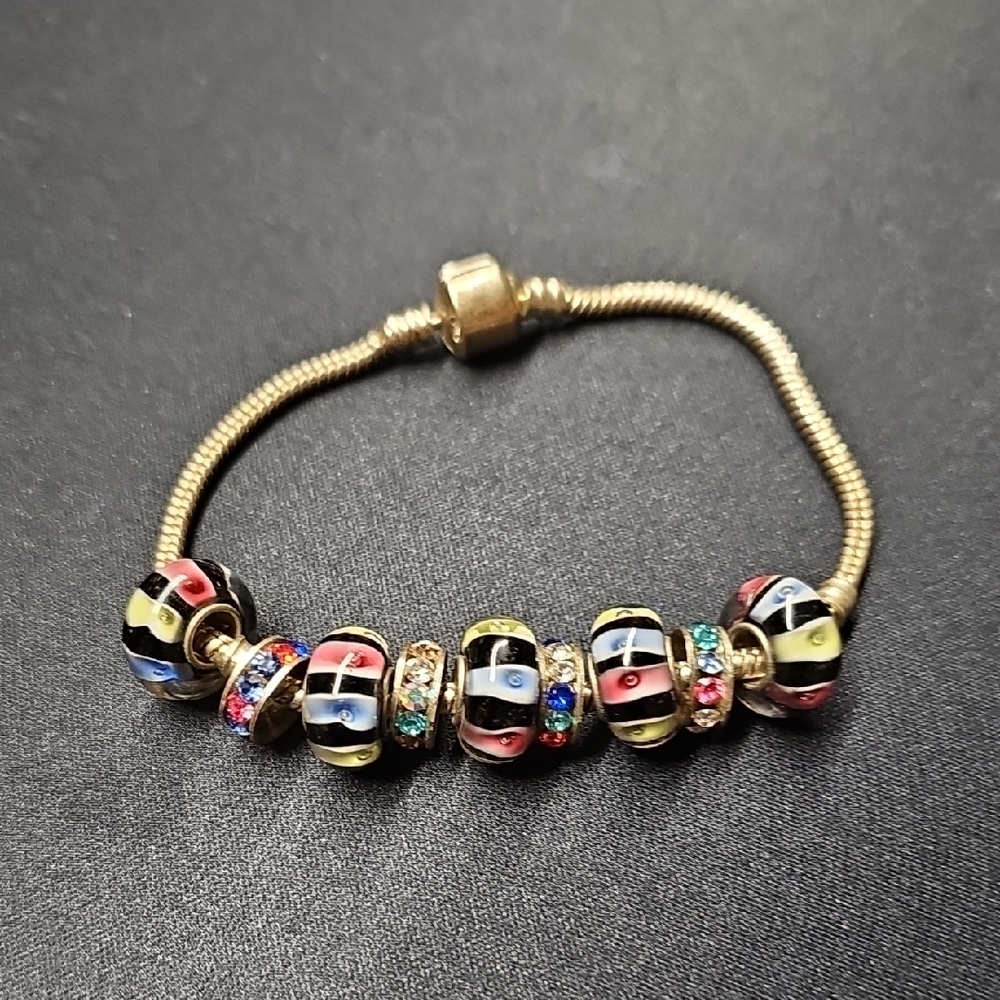 Colorful Glass Beaded Silver Bracelet Marked .925